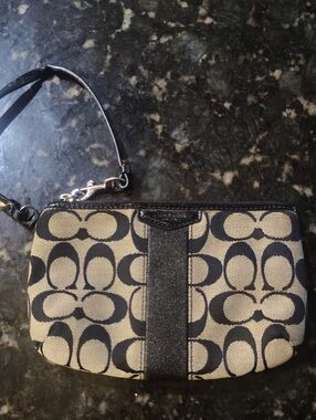 Coach Black and Cream Signature Wristlet with Leather Trim